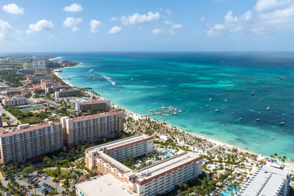 aruba coastline with beachfront resorts