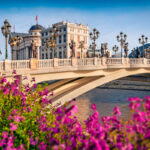 Flowers Blooming Near A Bridge In Skopje, North Macedonia, Balkan Peninsula, South Eastern Europe