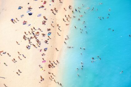 Aerial view of tourists on a beach in Greece