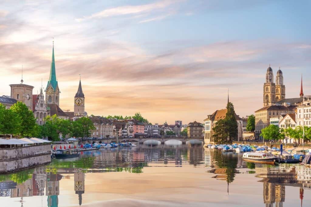 Aerial view of Zurich at sunset