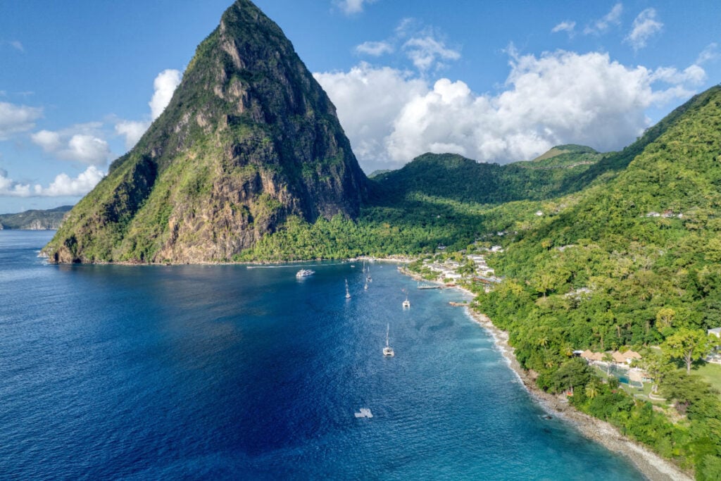 Sugar Beach and the Gros Piton mountain peak in Soufriere, Saint Lucia