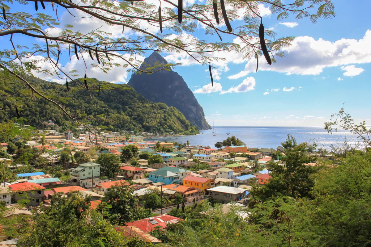 View of the coastal village of Soufrière - a must see destination on the West Coast of St Lucia, Caribbean