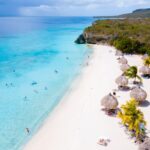 Cas Abao Beach Playa Cas Abao Caribbean island of Curacao, Playa Cas Abao in Curacao a white beach with a blue turqouse colored ocean Drone aerial view