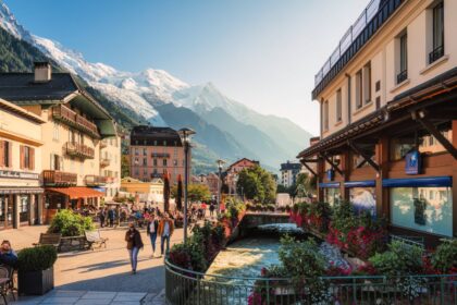 Scenic Chamonix Mont Blanc ski resort town with tourist visiting along Arve river and shops in French Alps