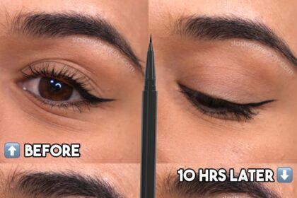 Close up before and after photos wearing wet n wild Breakup Proof Skinny Liquid Eyeliner for 10 hours, showing slight wear and cracking in the after results.