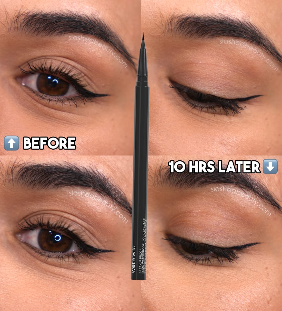 Close up before and after photos wearing wet n wild Breakup Proof Skinny Liquid Eyeliner for 10 hours, showing slight wear and cracking in the after results.