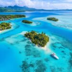 Aerial view of a tropical lagoon with turquoise water and small islands in Bora Bora, French Polynesia. featured