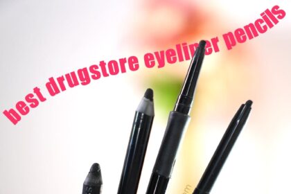 Close up of hand holding four eyeliner pencils with pink text: Best Drugstore Eyeliner Pencils