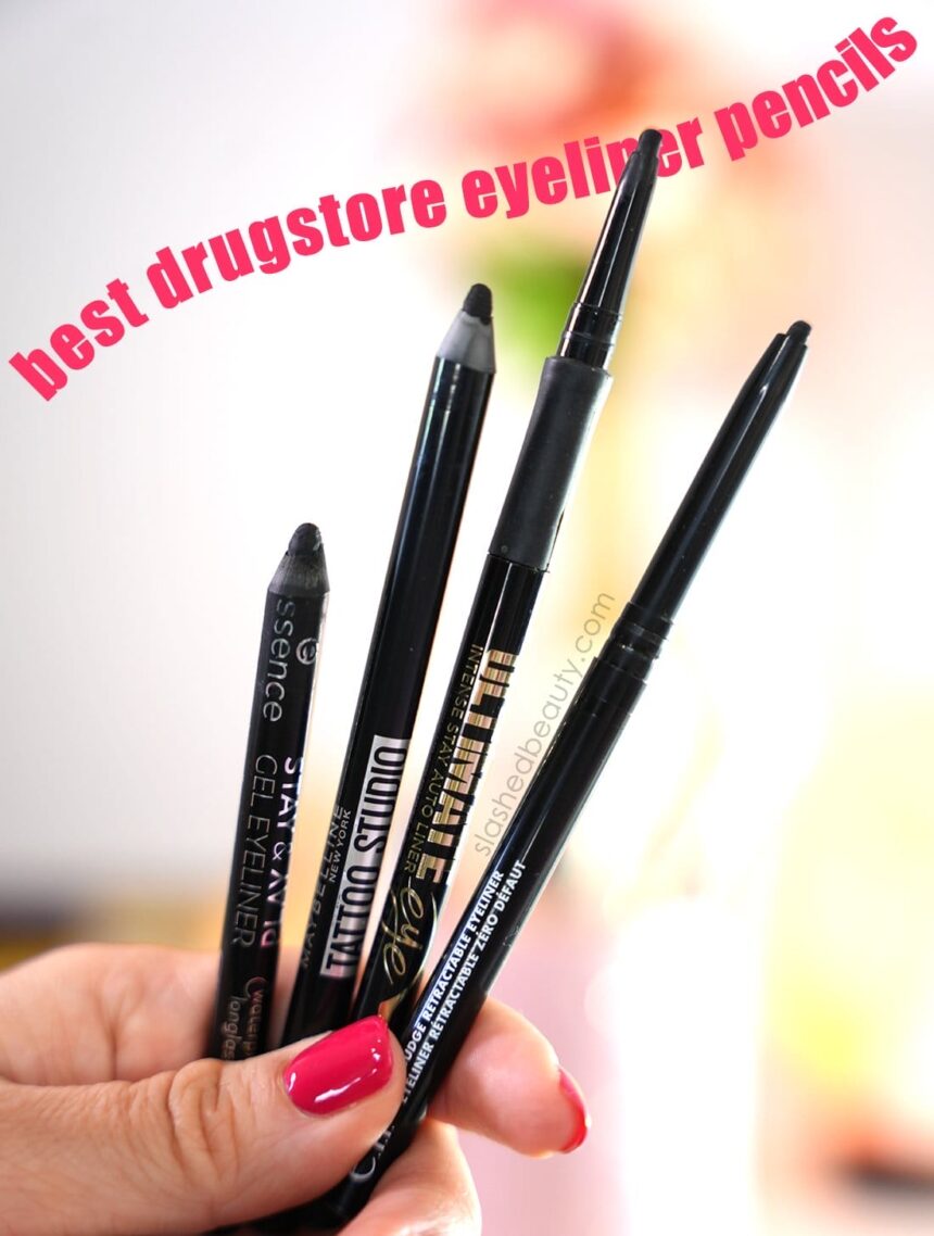 Close up of hand holding four eyeliner pencils with pink text: Best Drugstore Eyeliner Pencils