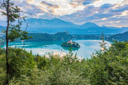 aerial view of lake bled and mountains from Mala Osojnica trail